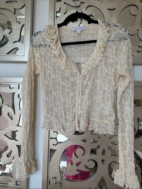 And Now This Cream Lace Button-Front Ruffle Cardigan